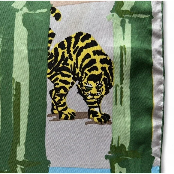 Vintage KEN SCOTT Silk Scarf  1970s "Animalia" Tiger Crane Bamboo‎ Print Flaws - Picture 9 of 13